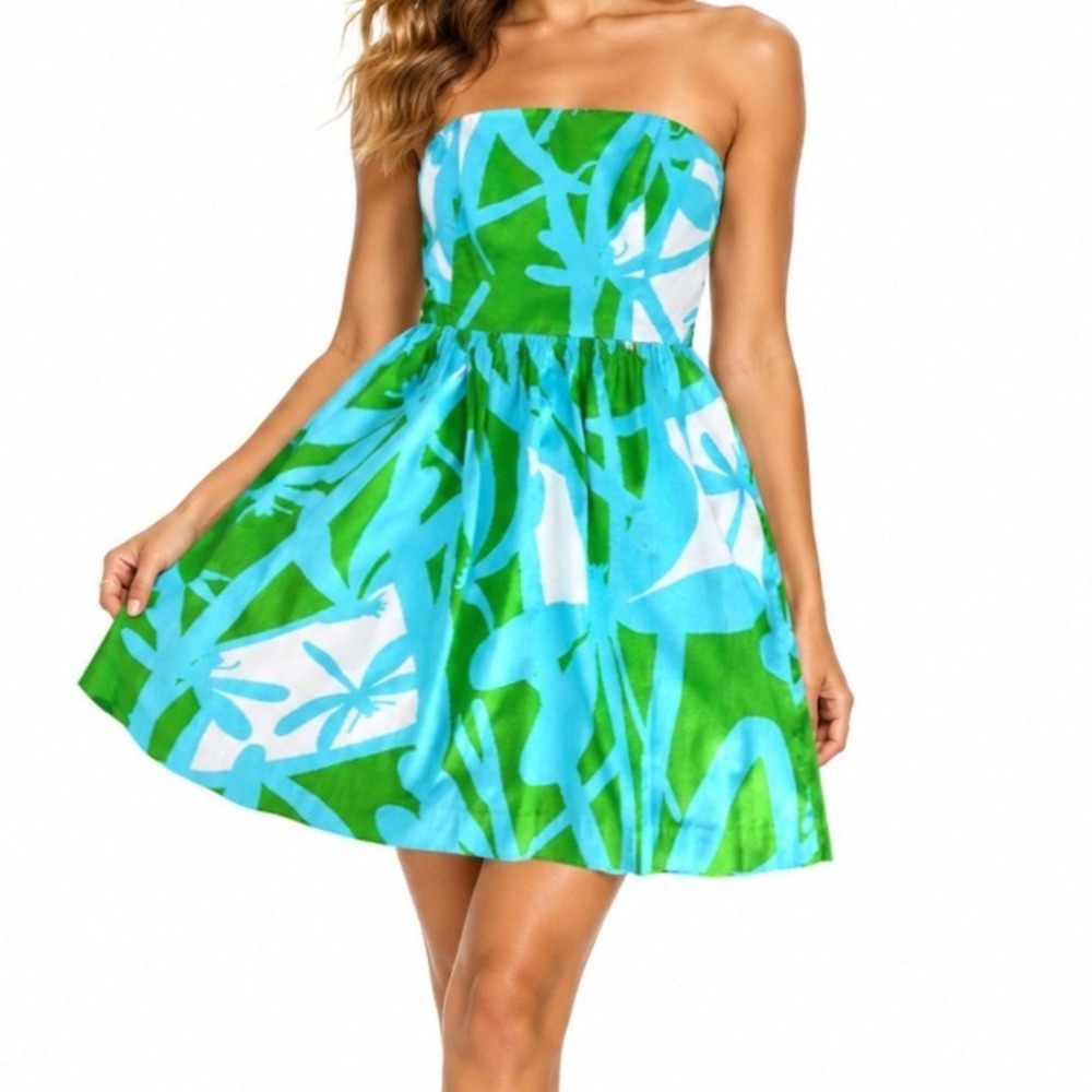 Lilly Pulitzer Sienna Beach Mat Strapless Dress Blue Pink Green Floral Size 12
